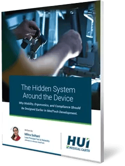 an image of a surgeons hands on robotic systems control arms in a surgical setting and the title The Hidden System Around the Device