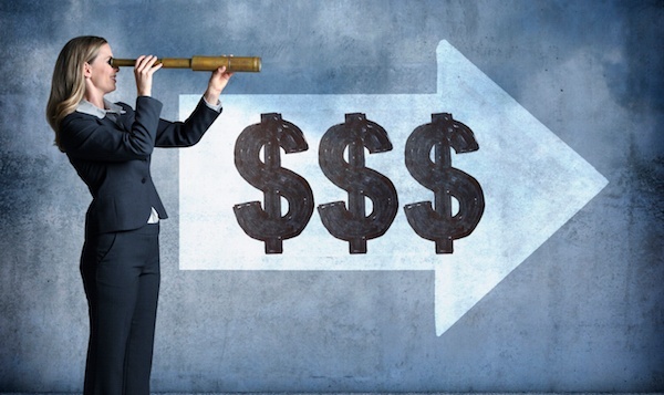 woman looking through telescope towards future profit