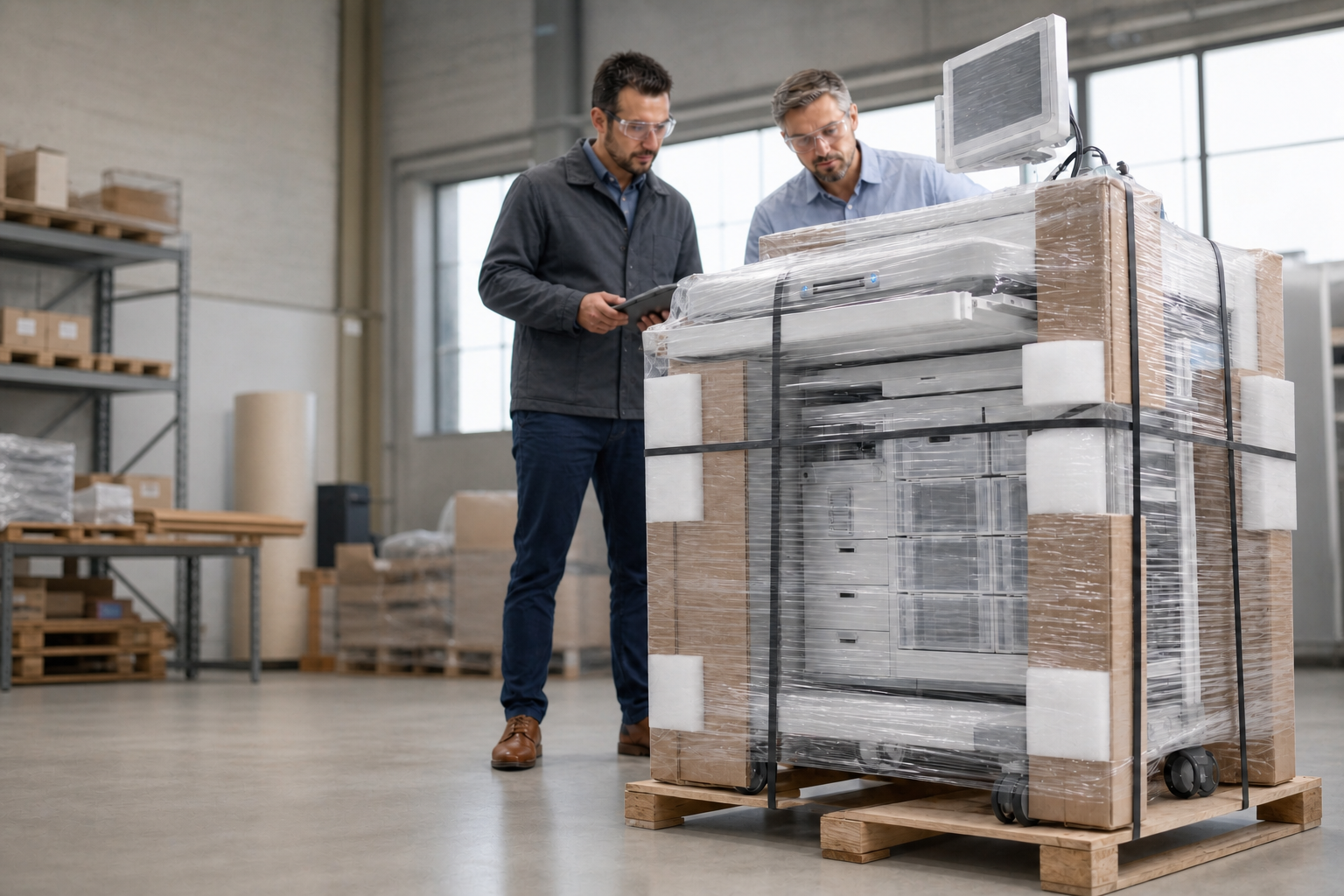 two people looking at a packaged medical cart