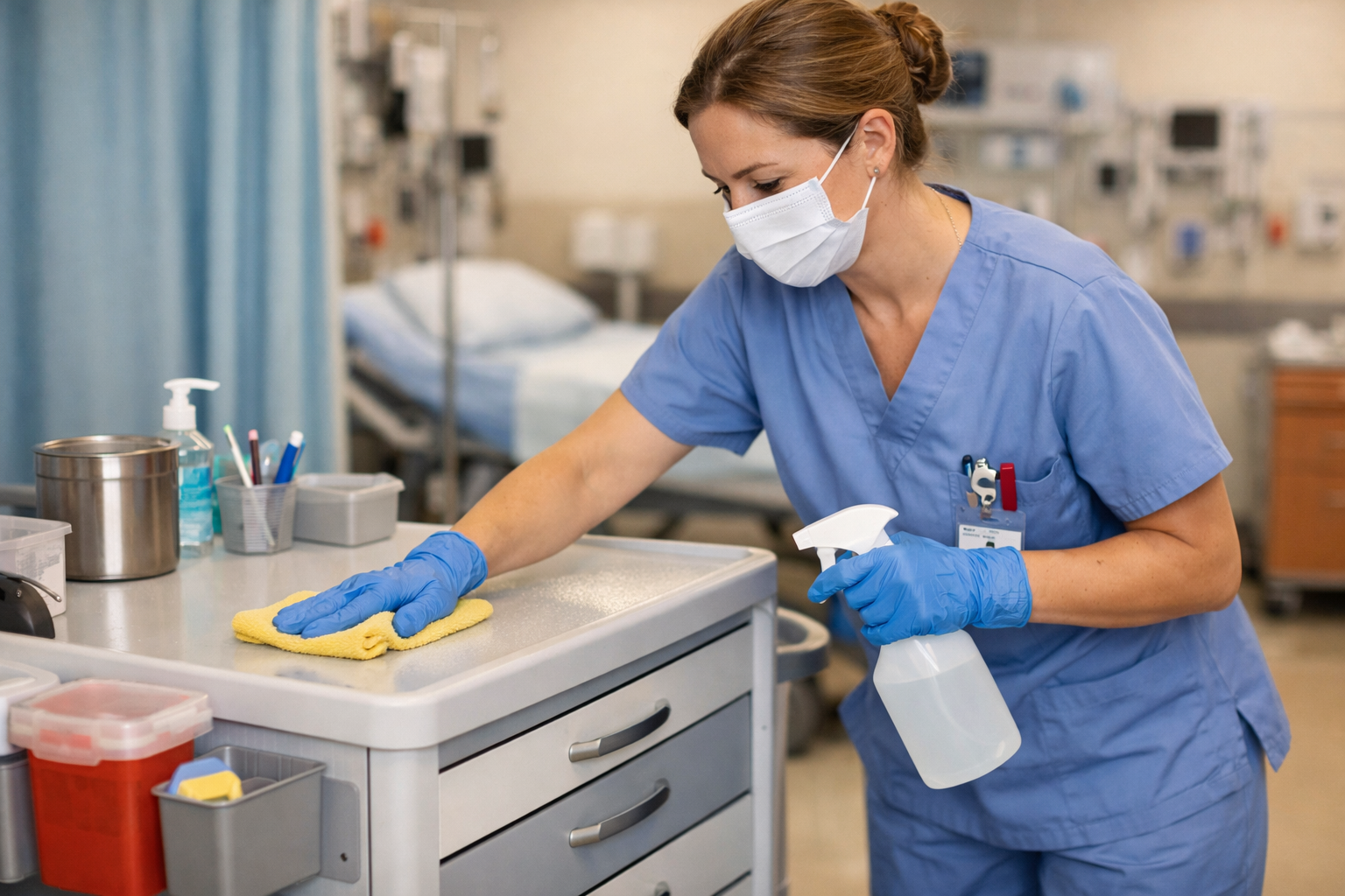 nurse cleaning a medical cart