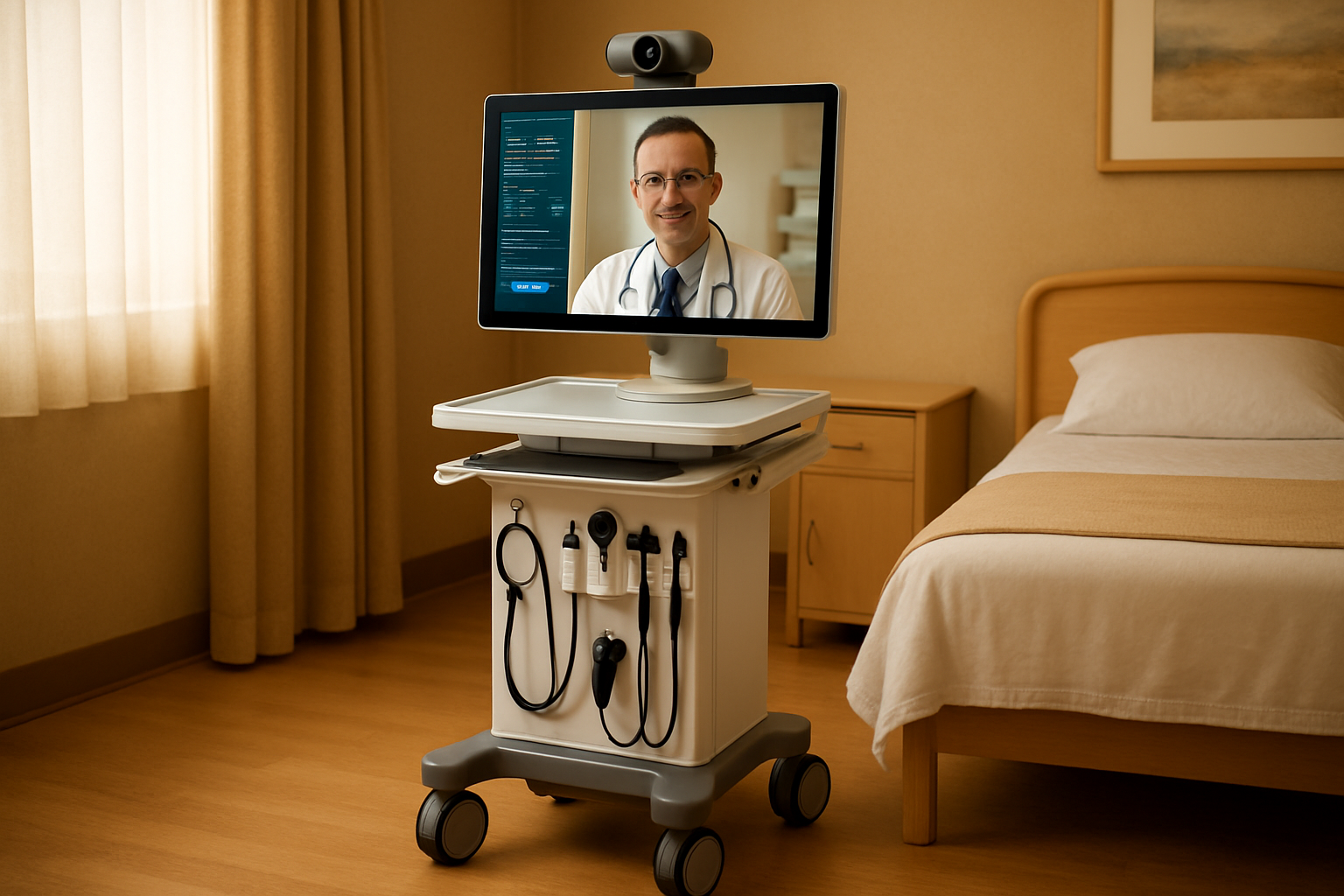 doctor on a screen on a telemedicine cart