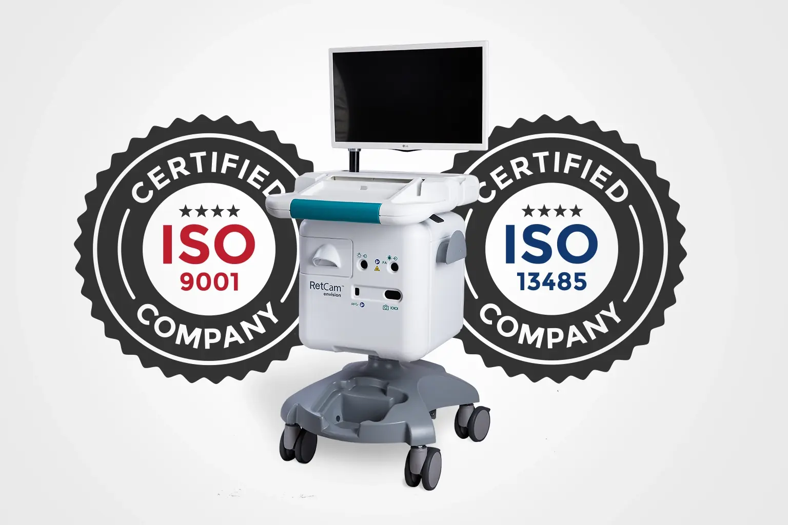 ISO 13485 and ISO 9001 certified icon with a medical device cart