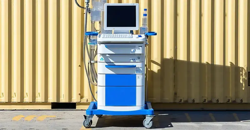 An endoscopy medical cart system sitting outside of a shipping container in a shipping yard