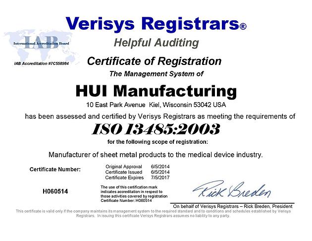certificate of registration for HUI manufacturing certified ISO 13485:2003