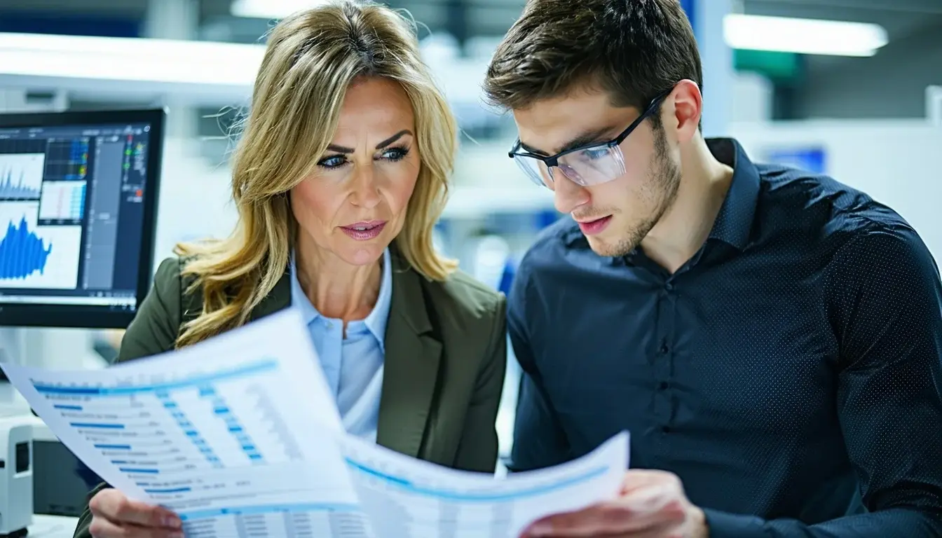 an mature female engineering lead and a young male engineer examine spreadsheets with data inside of a medical technology lab