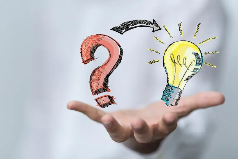 hand palm up holding a question mark and a lightbulb